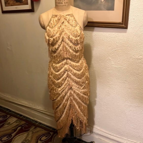 Asos Design Dresses & Skirts - Asos Design Gold Fringe and Bead Cross Back Dress Size 6